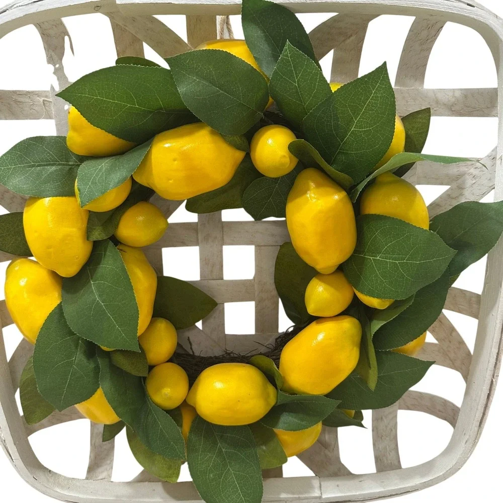 Lemon Wreath in White Tobacco Basket Farmhouse Wall Decor 18x18 Yellow Citrus